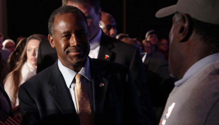 Dr. Ben Carson finishes his speech at a rally in West Des Moines. Photo by Jonah McKeown/TMN.