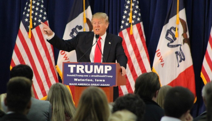 Donald Trump speaks to a crowd at a rally in Waterloo. Photo by Ingrid Roettgen/TMN.