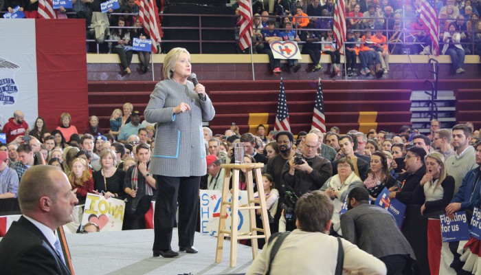 Hillary Clinton speaks at a rally on Jan. 31 in Des Moines. Photo by Ingrid Roettgen/TMN.