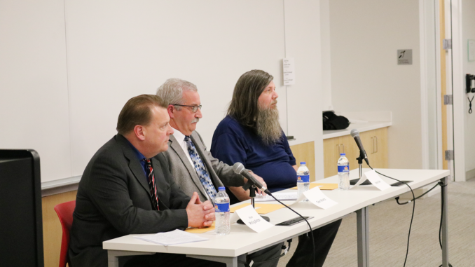 From left to right: Phillip Biston, Glen Moritz and Kevin Alm answer questions at the candidate forum for Kirksville City Council hosted by Kirksville Area Chamber of Commerce.